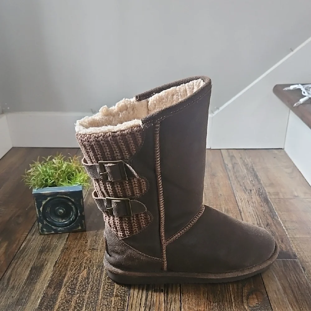 BearPaw Women's Sherpa Lined Warm‎ Winter Boots W/ Knit And Buckle Accents